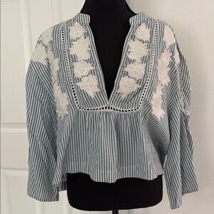 Free People Striped Blouse with Lace Accents